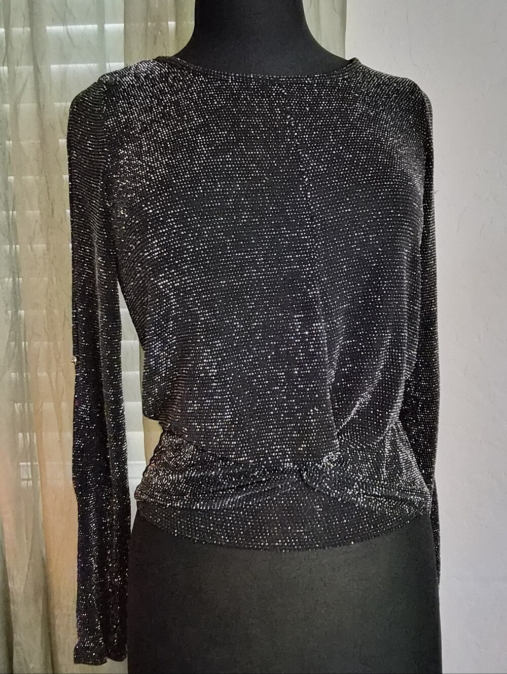 BCX Metallic Black Long-Sleeve Sparkle Top #0261